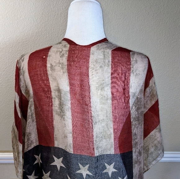 American Patriot Distressed Flag Sheer Shawl w Tassels NWT - Picture 5 of 8